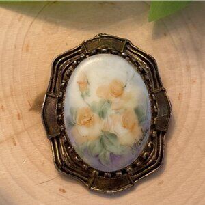 Vintage Hand-Painted Porcelain Floral Brooch – Signed J. Pareda 1930s